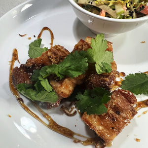 Crispy Fried Pork Belly with Black Garlic Honey and Asian Style Slaw